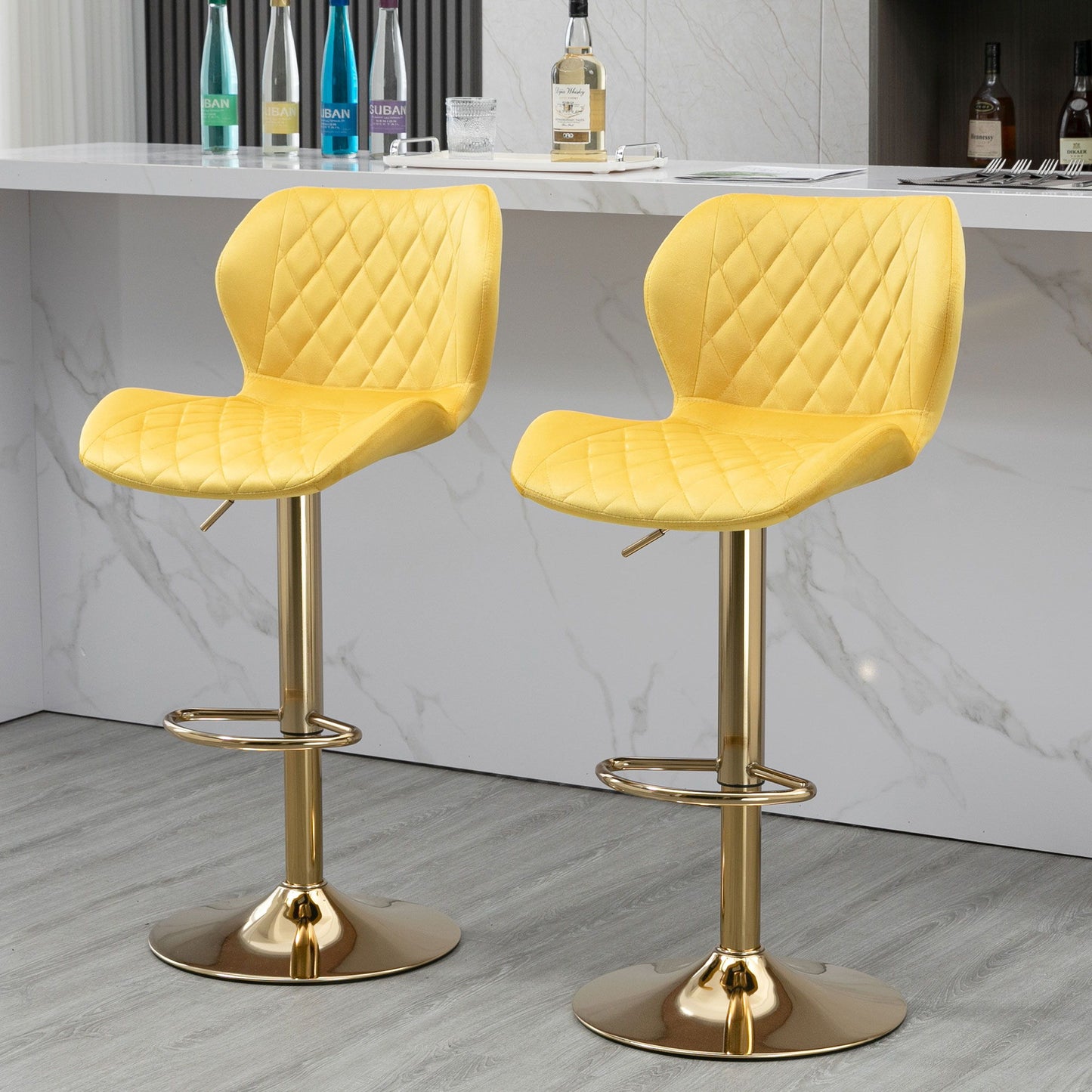 Velvet Adjustable Swivel Bar Stools (Set of 2) Modern Counter Height Barstools With Golden Color Base