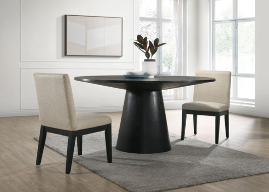 Jasper - 3 Piece Wide Contemporary Round Dining Table With Beige Fabric Chairs (Set of 3) - Ebony Black