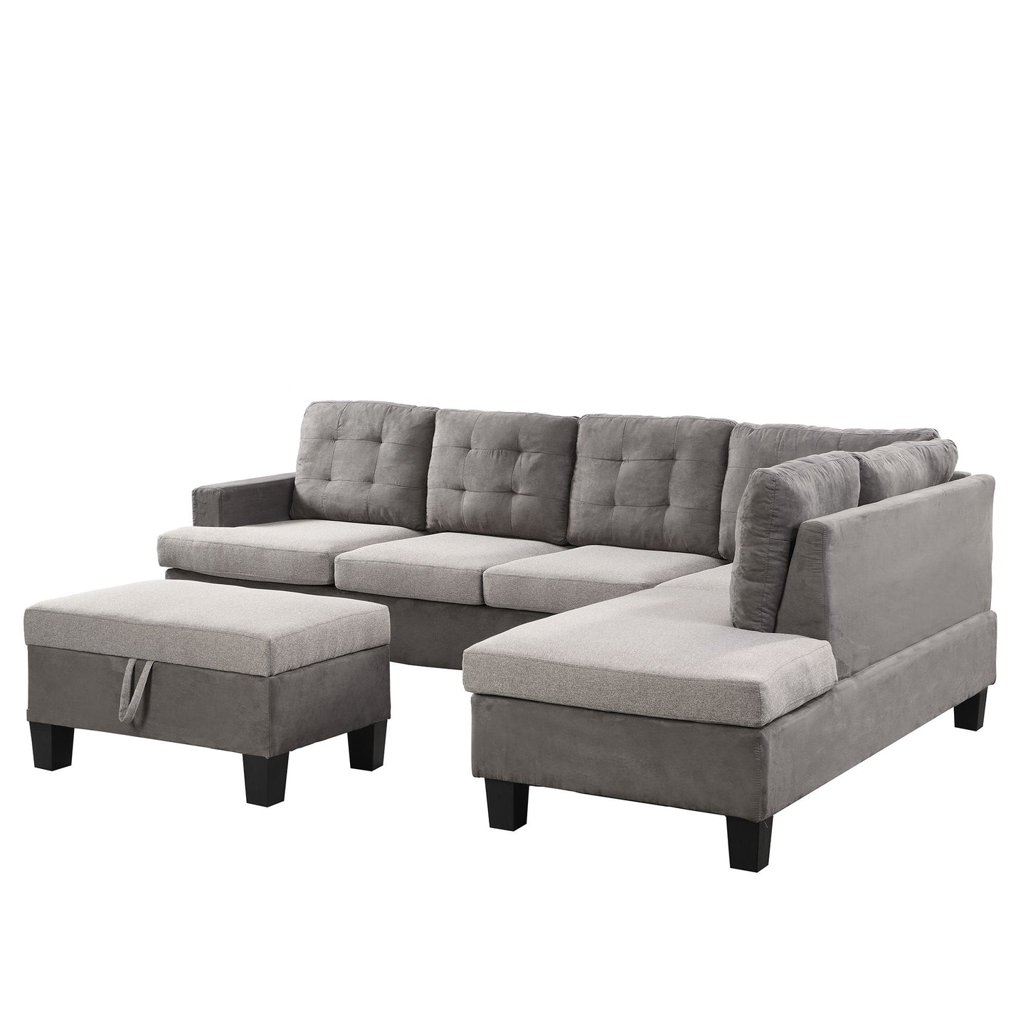 Sofa Set For Living Room With Chaise Lounge And Storage Ottoman, Living Room Furniture - Gray