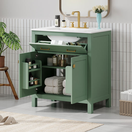 Bathroom Vanity With Ceramic Sink, Modern Single Bathroom Cabinet With 2 Doors And A Shelf, Soft Close Doors