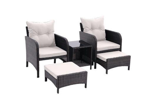 5 Piece Outdoor Patio Furniture Set, All Weather PE Rattan Conversation Chairs With Armrest And Removable Cushions, Ottomans And Storage Coffee Table For Poolside Garden Balcony