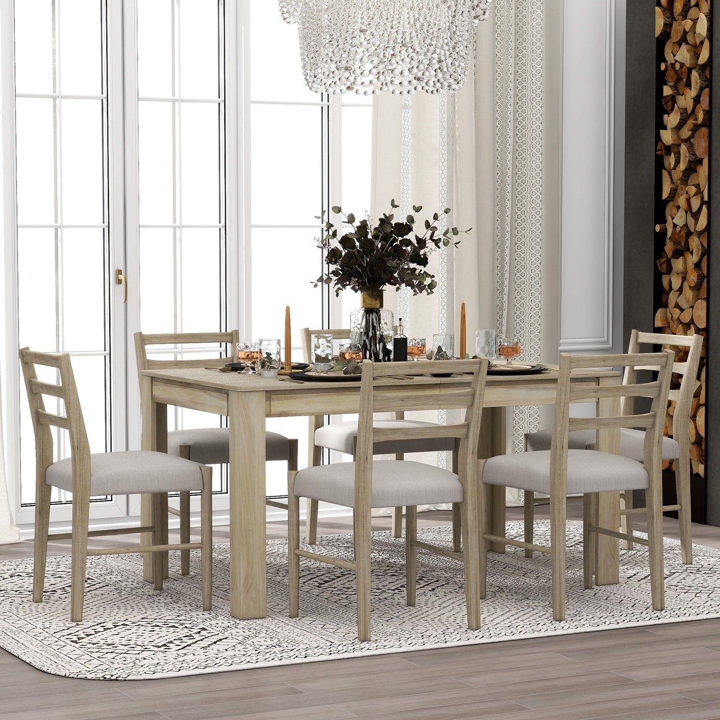 Wooden Dining Table Set Mutifunctional Extendable Table With Leaf And 2 Drawers, Dining Chairs With Soft Cushion