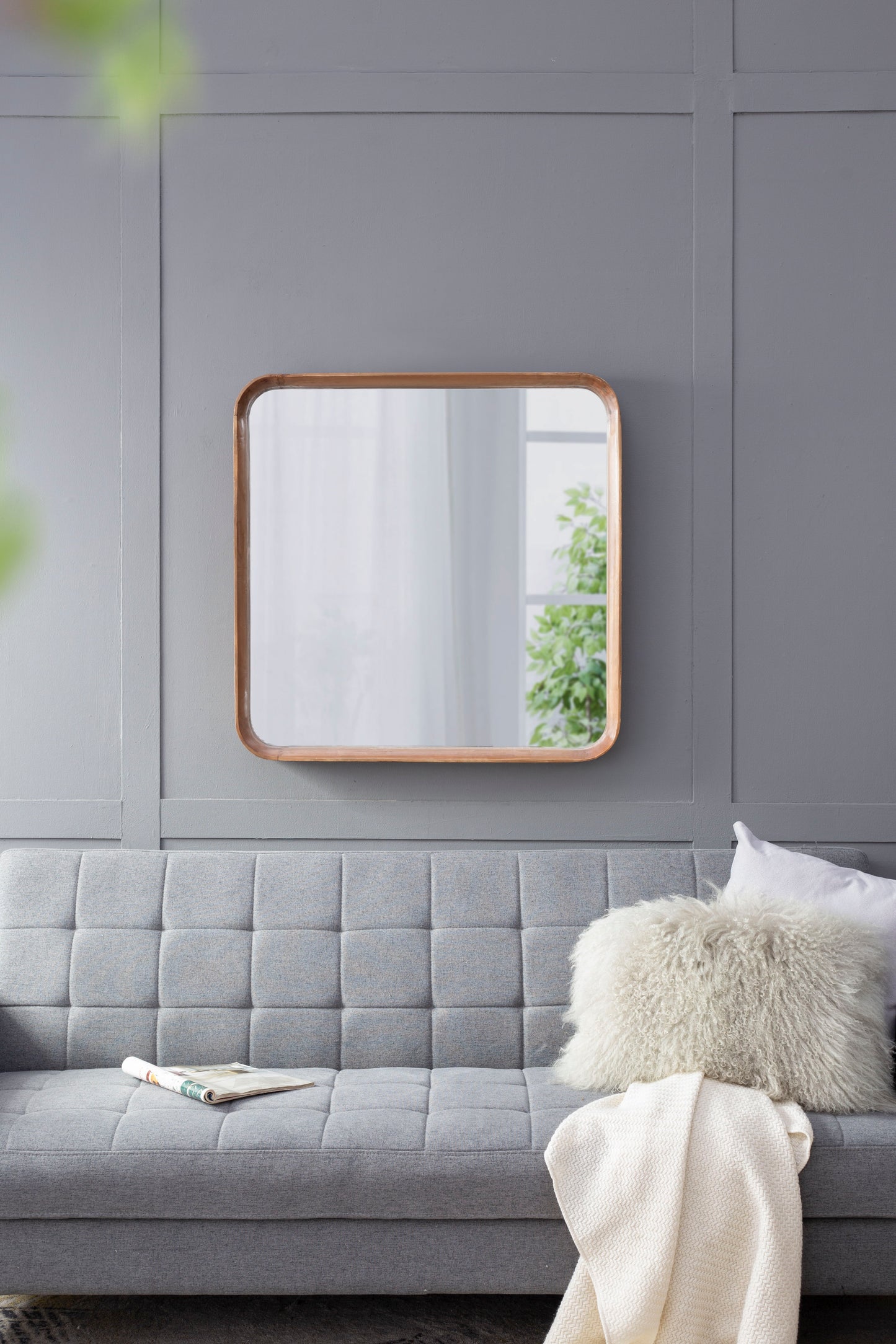 Square Mirror With Wood Frame, Wall Mirror For Living Room Bathroom Entryway - Brown