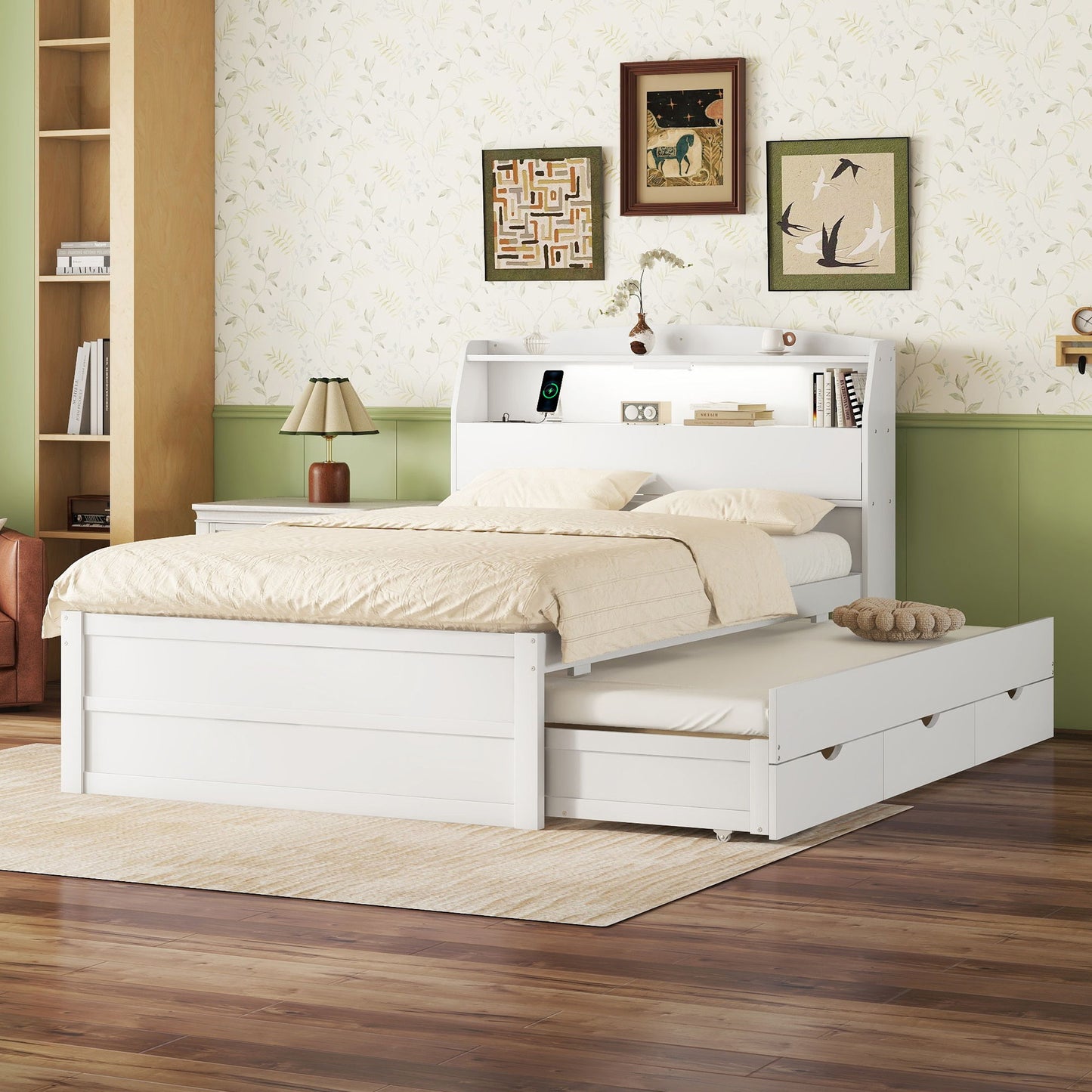 Wooden LED Platform Bed With Trundle, With Storage Headboard, With Drawers