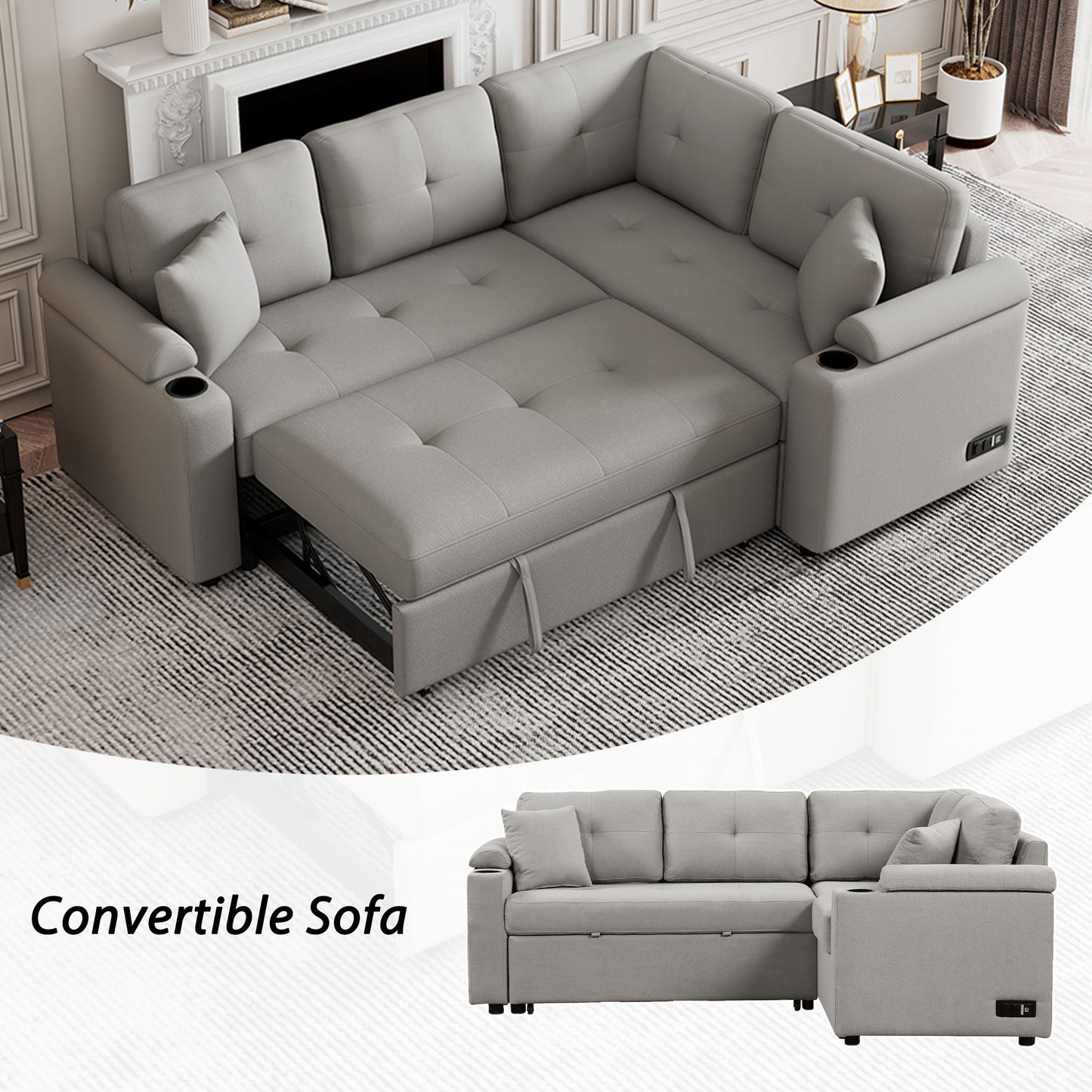 L-Shape Sofa Bed Pull-Out Sleeper Sofa With Wheels, USB Ports, Power Sockets For Living Room