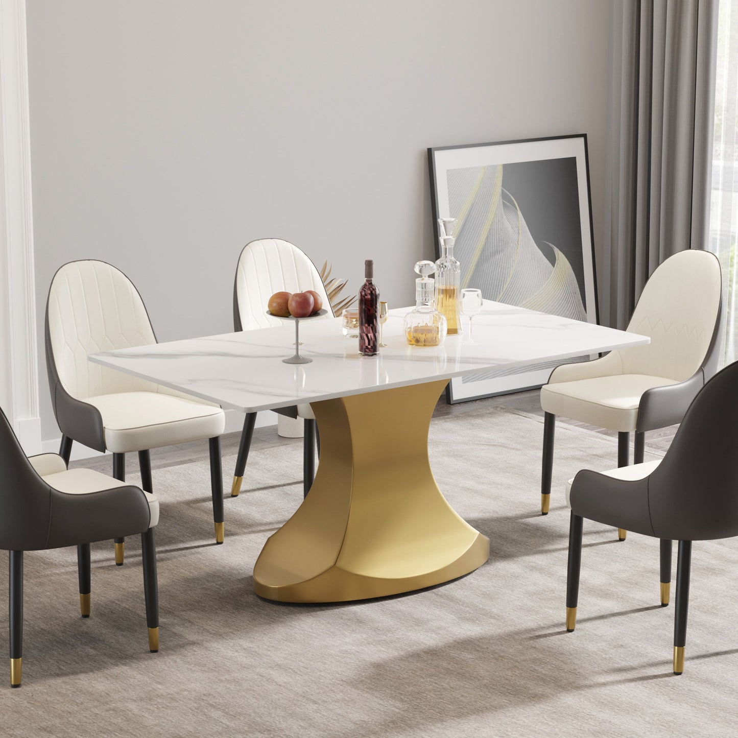 63" Modern Artificial Stone Panel Golden Stainless Steel Curved Legs, Can Accommodate 6-8 People - White / Gold