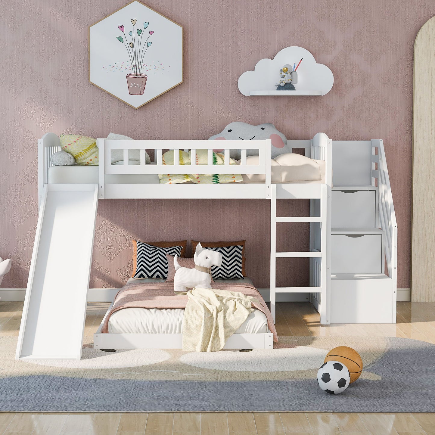 Twin Over Twin Stairway Bunk Bed With Two Drawers And Slide