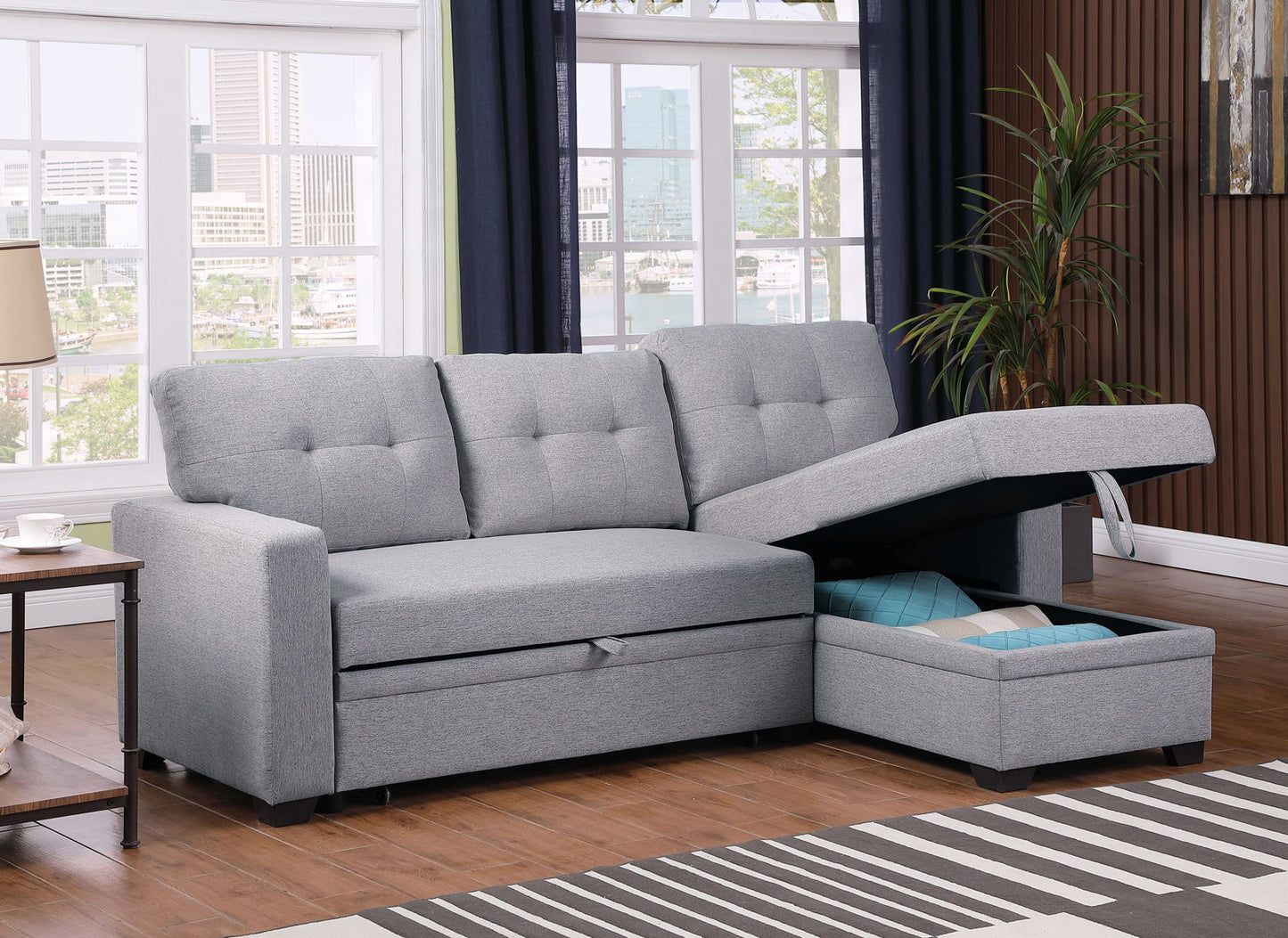 Upholstered Pull Out Sectional Sofa With Chaise