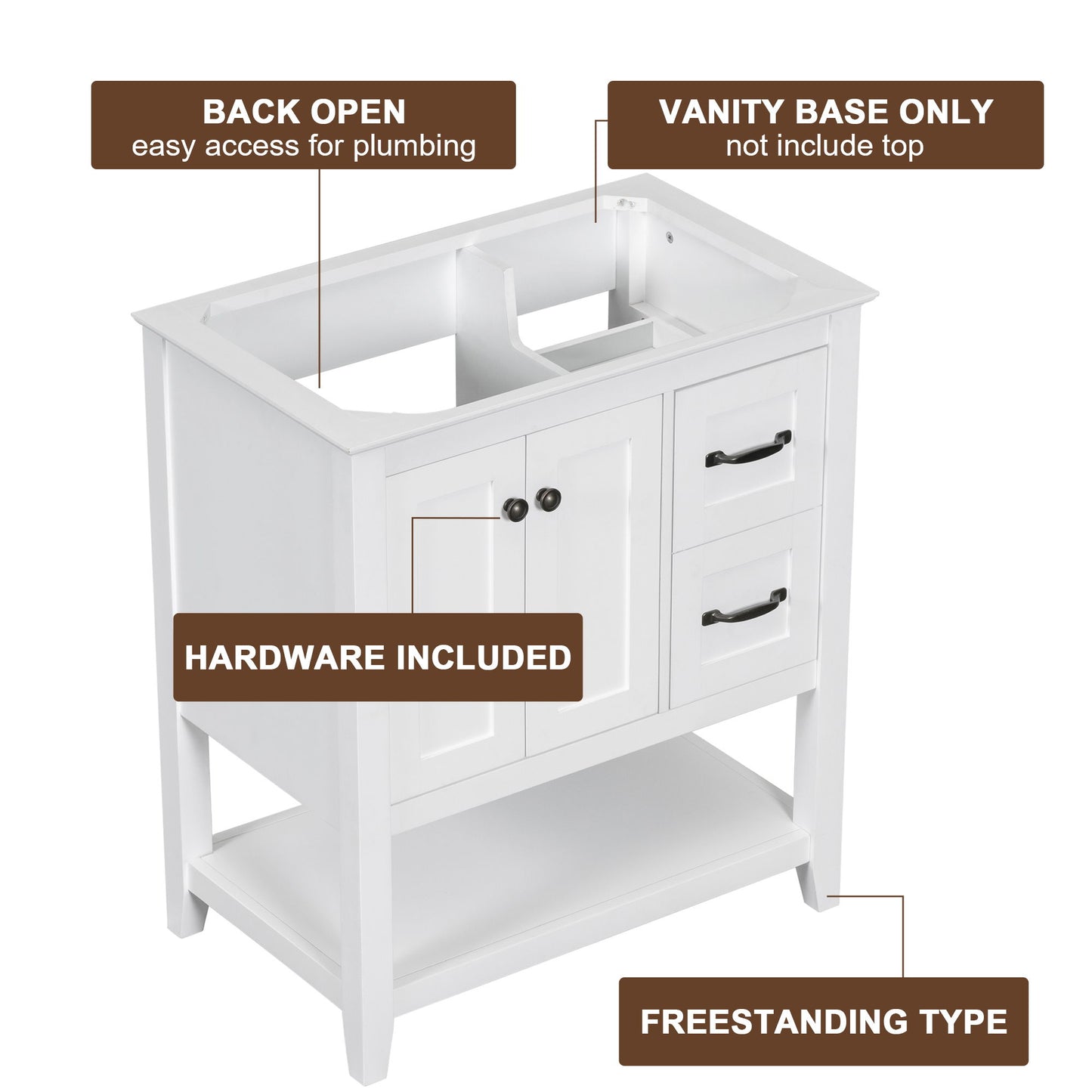 Bathroom Vanity Without Sink Top, Cabinet Base Only, Vanity With Multi-Functional Drawer - White