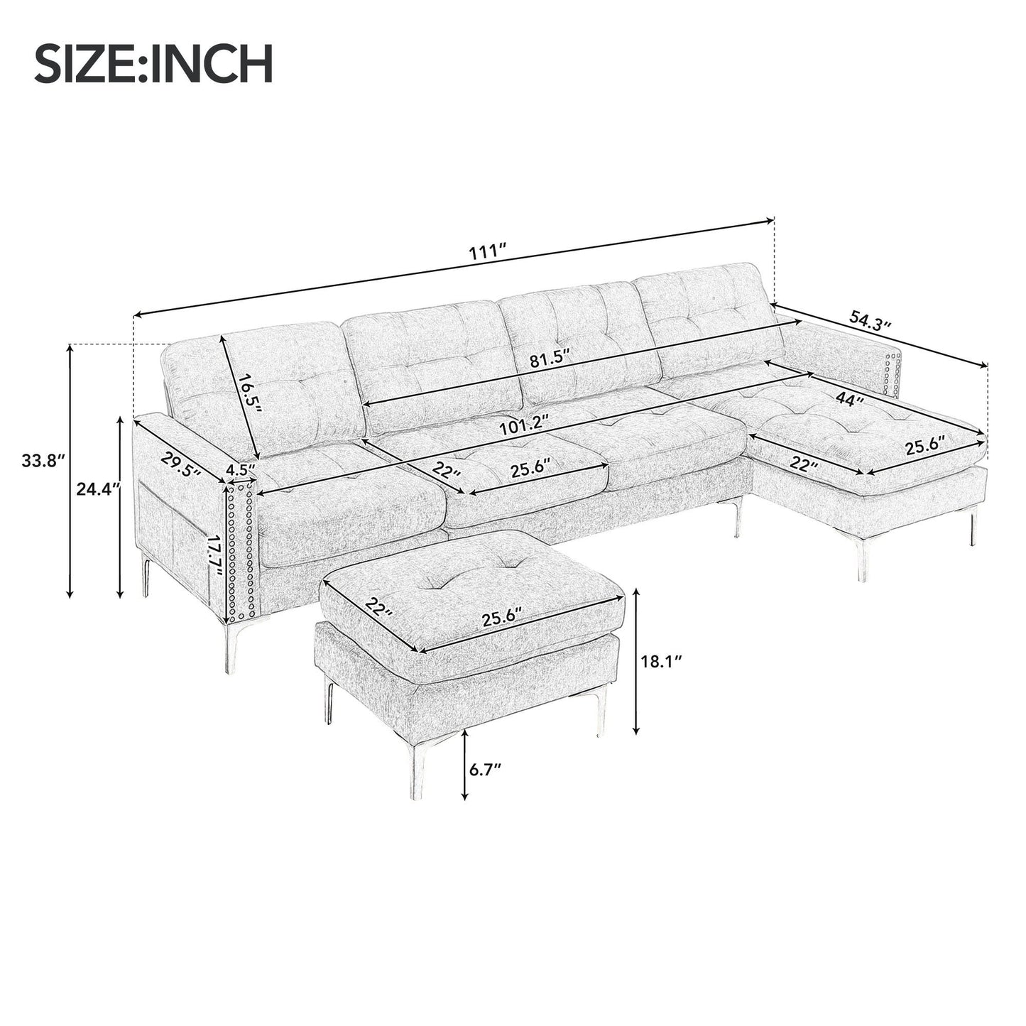 L-Shape Convertible Sectional Sofa Couch With Movable Ottoman For Living Room