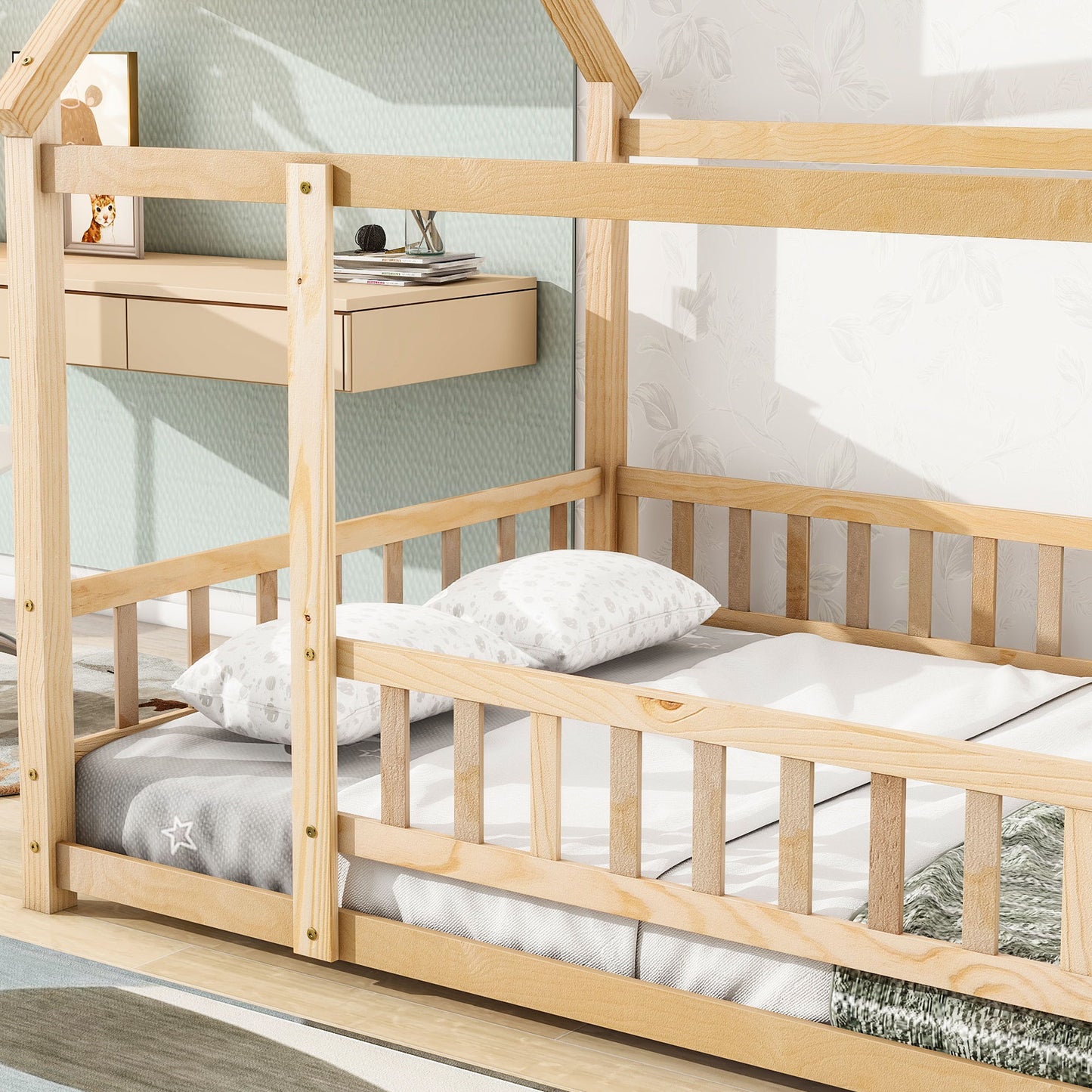 Floor Wooden Bed With House Roof Frame, Fence Guardrails