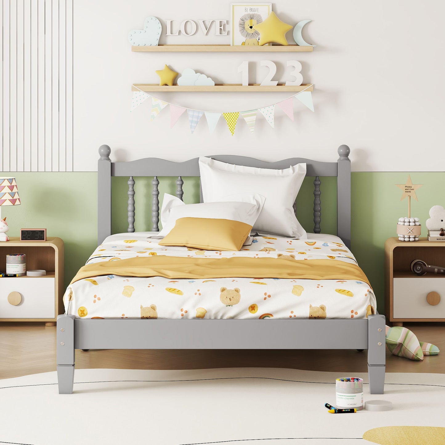 Bed With Column Decoration Headboard, With Bed Slats