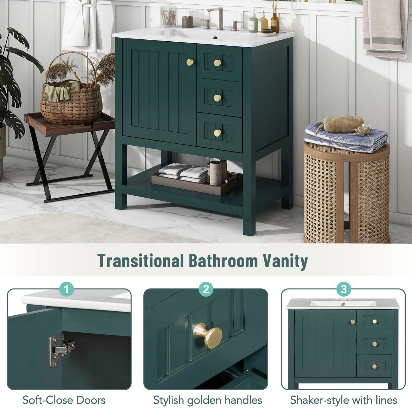 Transitional Style Bathroom Vanity Cabinet Combo With Ceramic Sink