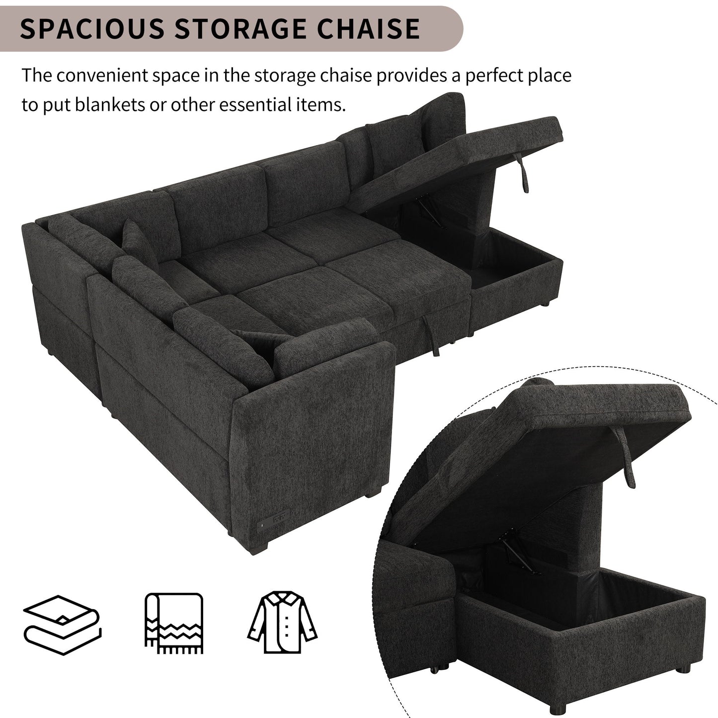 U-Shaped Sectional Sofa Pull Out Sofa Bed With Two USB Ports, Two Power Sockets, Three Back Pillows And A Storage Chaise For Living Room