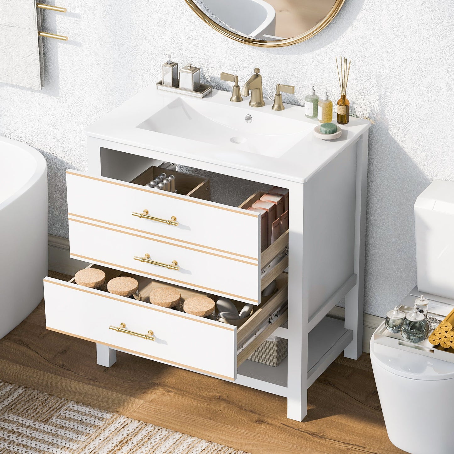 Modern Bathroom Vanity Cabinet Combo With Open storage, Two Drawers