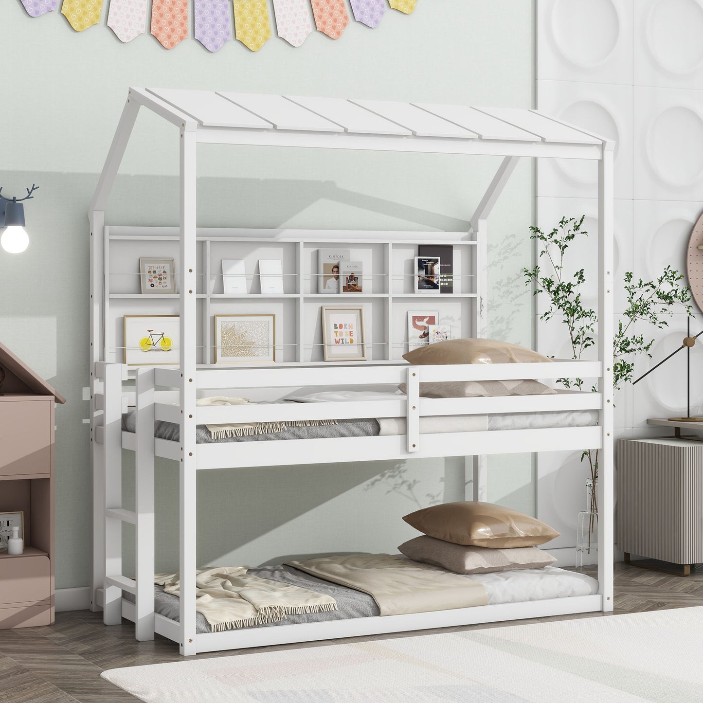 House Loft Bed With Guardrails, Semi-Enclosed Roof, Bedside Shelves And Ladder