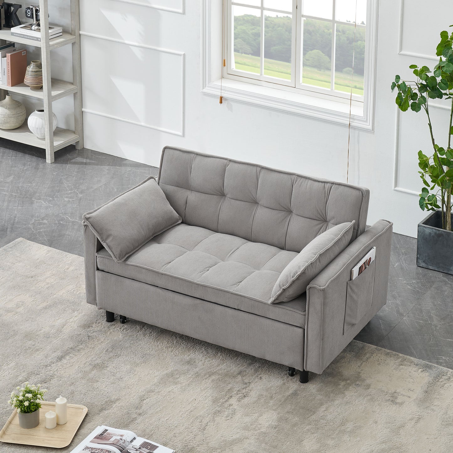 Two-Seat Casual Sofa With Pull Out Bed, Living Room Furniture - Light Gray