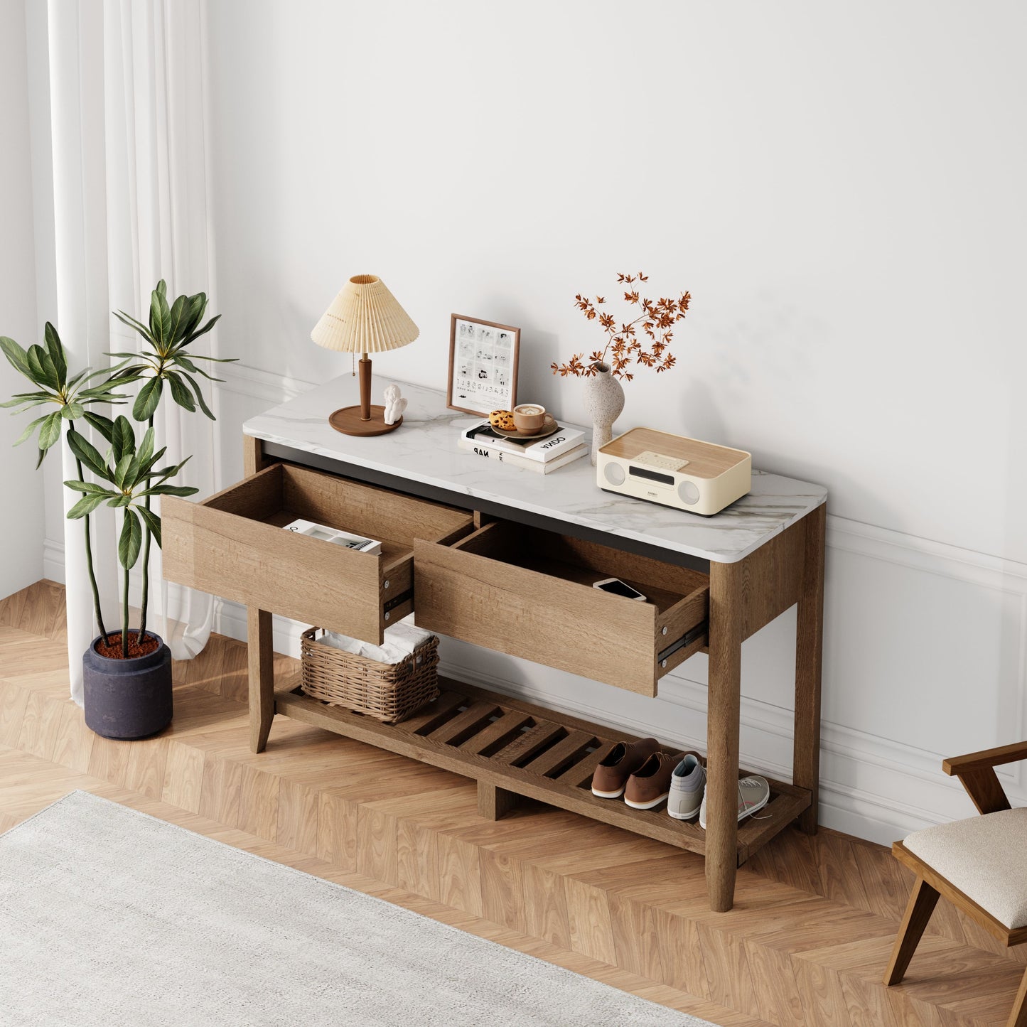 Modern Farmhouse Double Drawers Console Table For Living Room Or Entryway