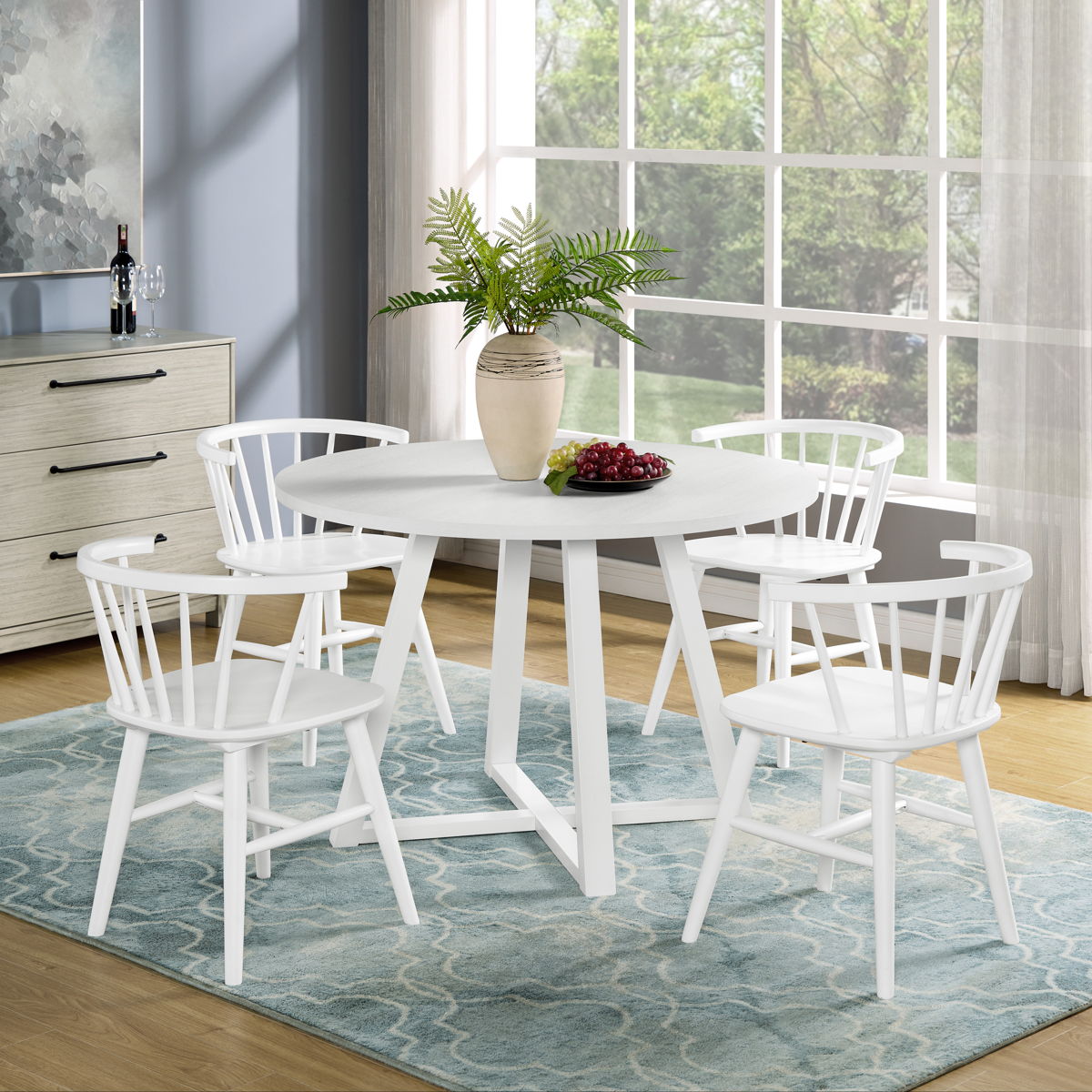 Edo - 5 Piece Dining Set, Trestle Dining Table With 4 Windsor Chairs - White