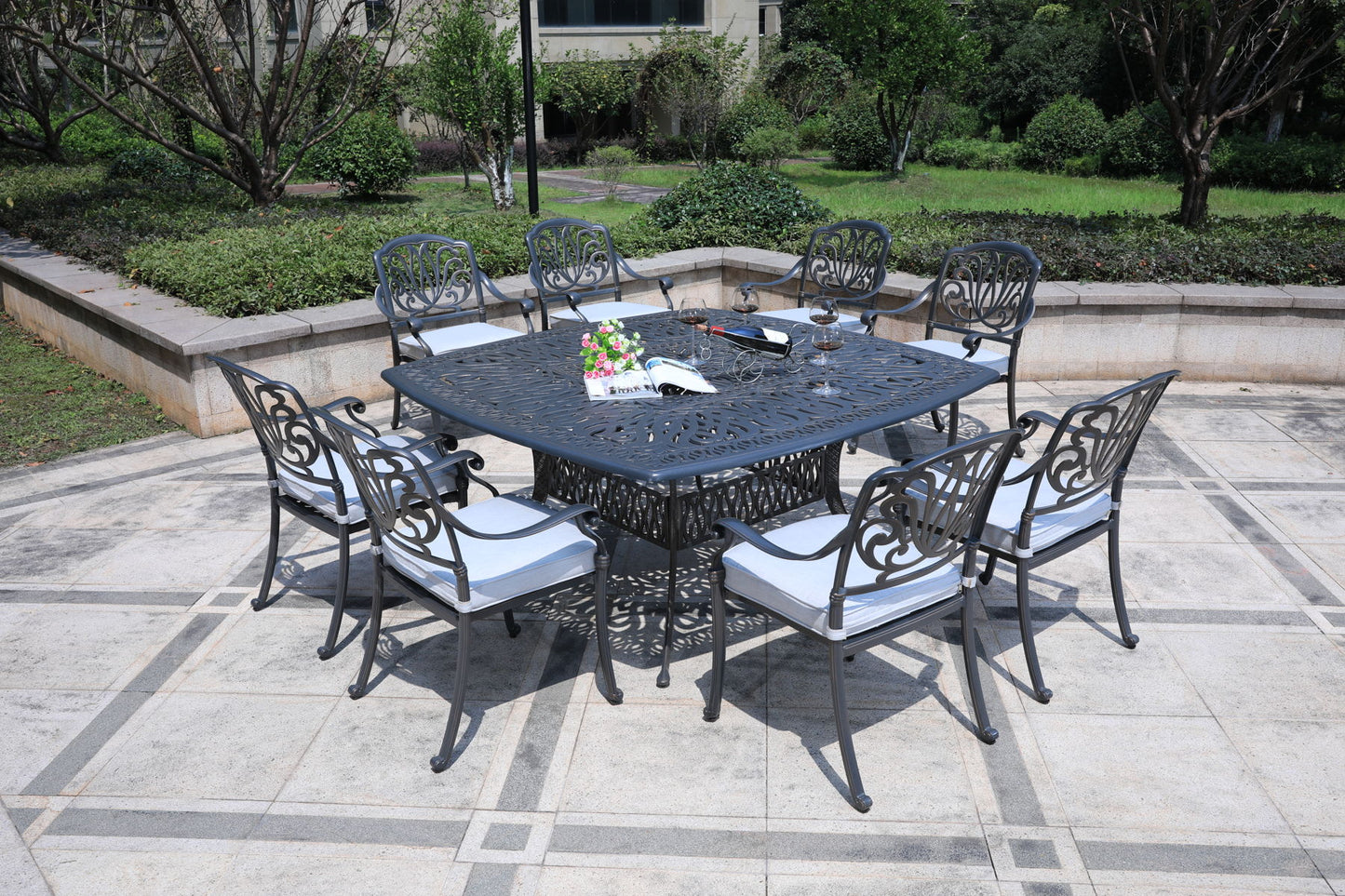 Square 8 Person 64" Long Aluminum Dining Set With Cushions