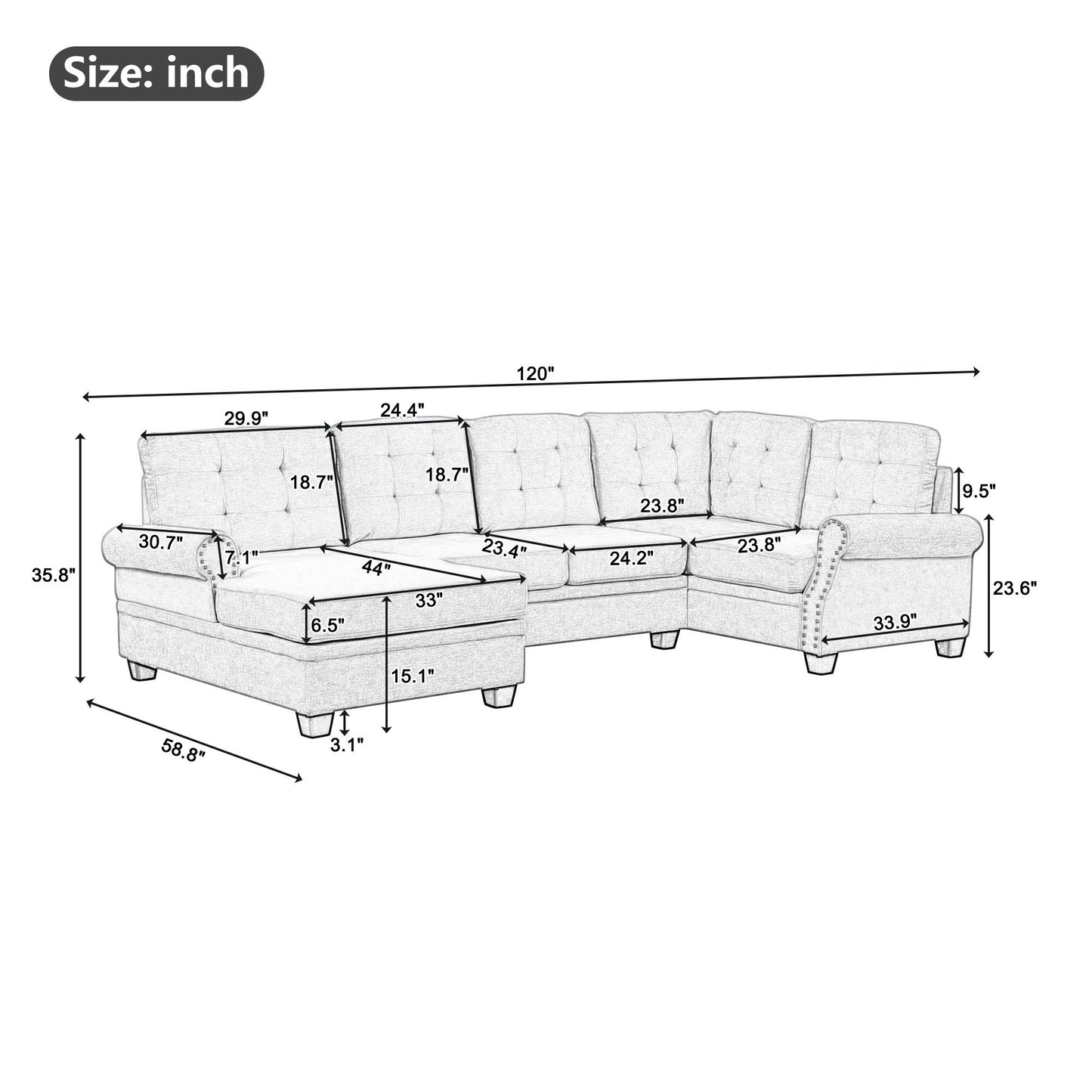 Modern U-Shaped Corner Sectional Sofa Upholstered Linen Sofa Couch For Living Room