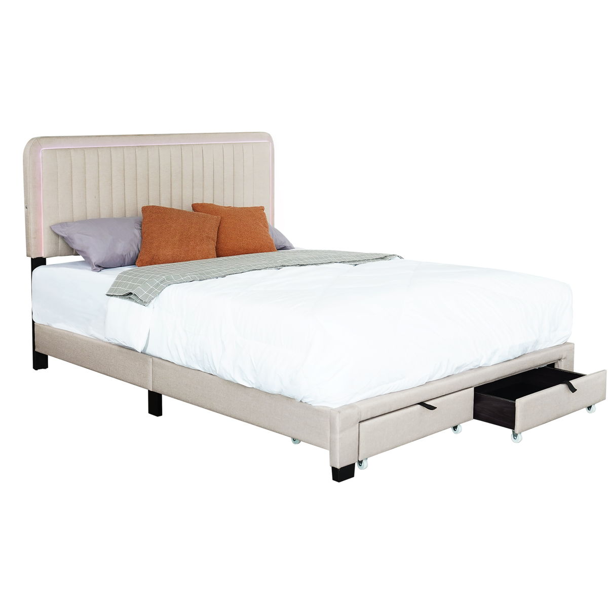 Upholstered Bed With Adjustable Height / Mattress / LED Design With Footboard Drawers Storage / No Box Spring Required