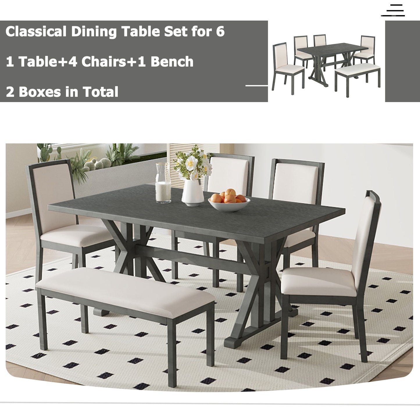 Topmax - 6 Piece Farmhouse Classical Dining Table Set With Trestle Legs, Kitchen Table Set For 6 With 4 Upholstered Dining Chairs And Bench