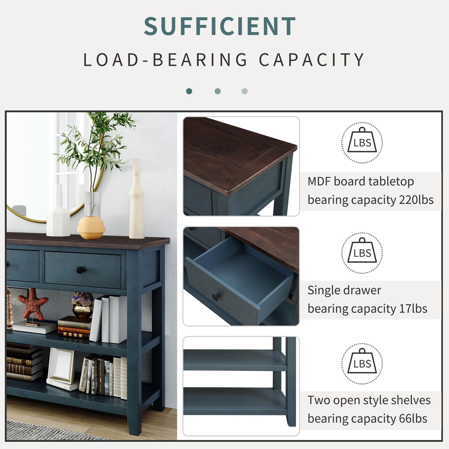 Retro Design Console Table With Two Open Shelves, Pine Frame And Legs For Living Room