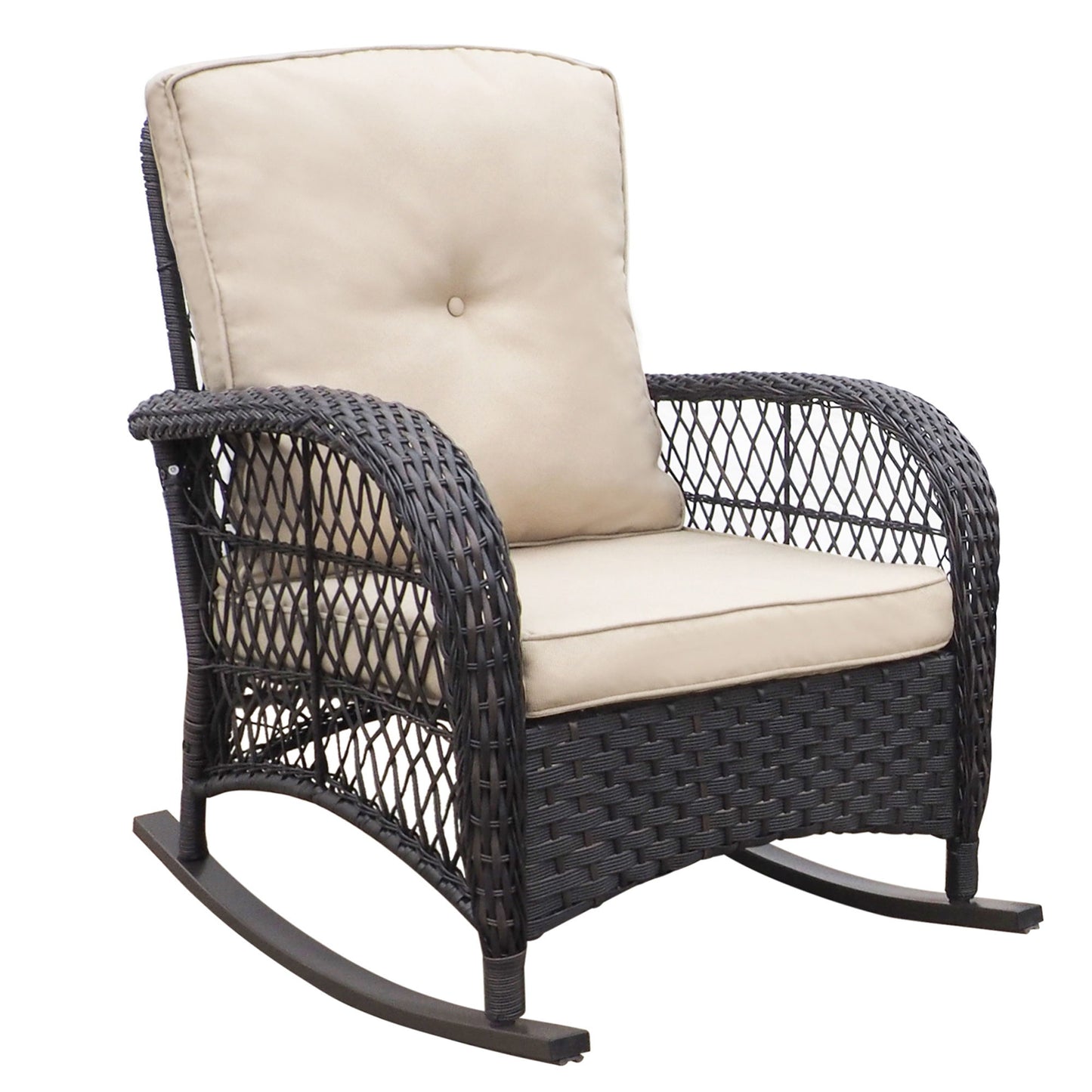 Garden Rocking Chair, Outdoor Rattan Rocker Chair With All-Weather Hand-Woven Resin Wicker, Patio Relaxing Lounge Furniture With Powder-Coated Metal Frame For Backyard, Porch - Brown / Beige