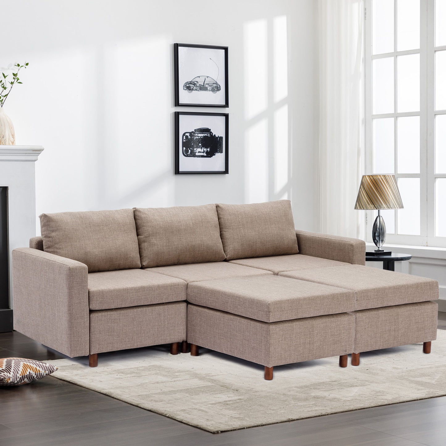 3 Seat Module Sectional Sofa Couch With 2 Ottoman For Living Room, Seat Cushion And Back Cushion Non-Removable And Non-Washable