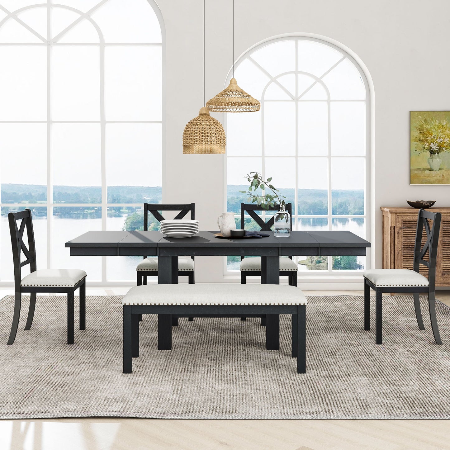 Topmax - 6 Piece Farmhouse Extendable Dining Table With Footrest, 4 Upholstered Dining Chairs And Dining Bench, Two 11" Removable Leaf