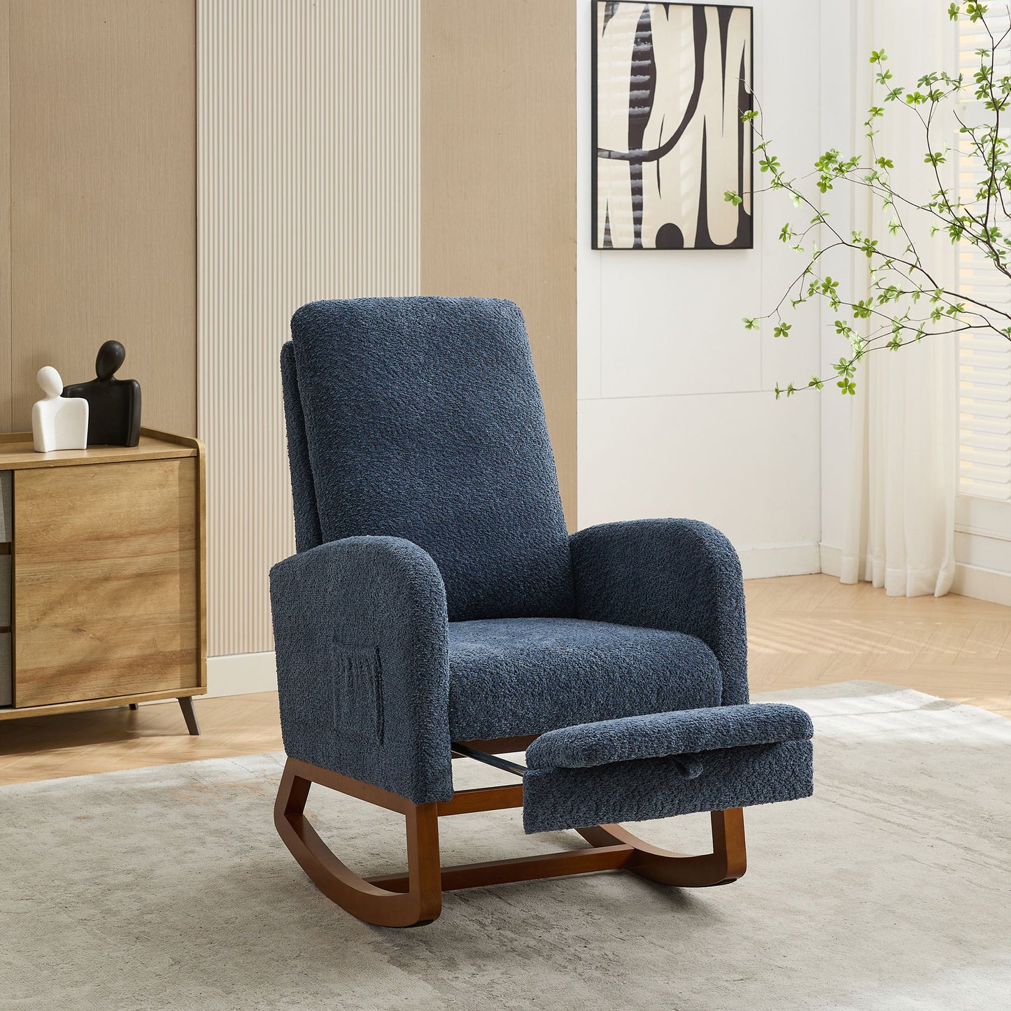 Rocking Chair For Nursery, High Back Glider Chair With Retractable Footrest, Side Pocket, Rocking Accent Armchair With Rubber Wood Legs For Living Room / Bedroom