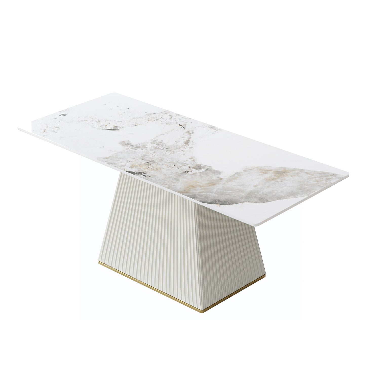 Modern Artificial Stone Pandora Straight Side Panel PU Plywood Table Legs, Can Accommodate 8 People - White / Beige