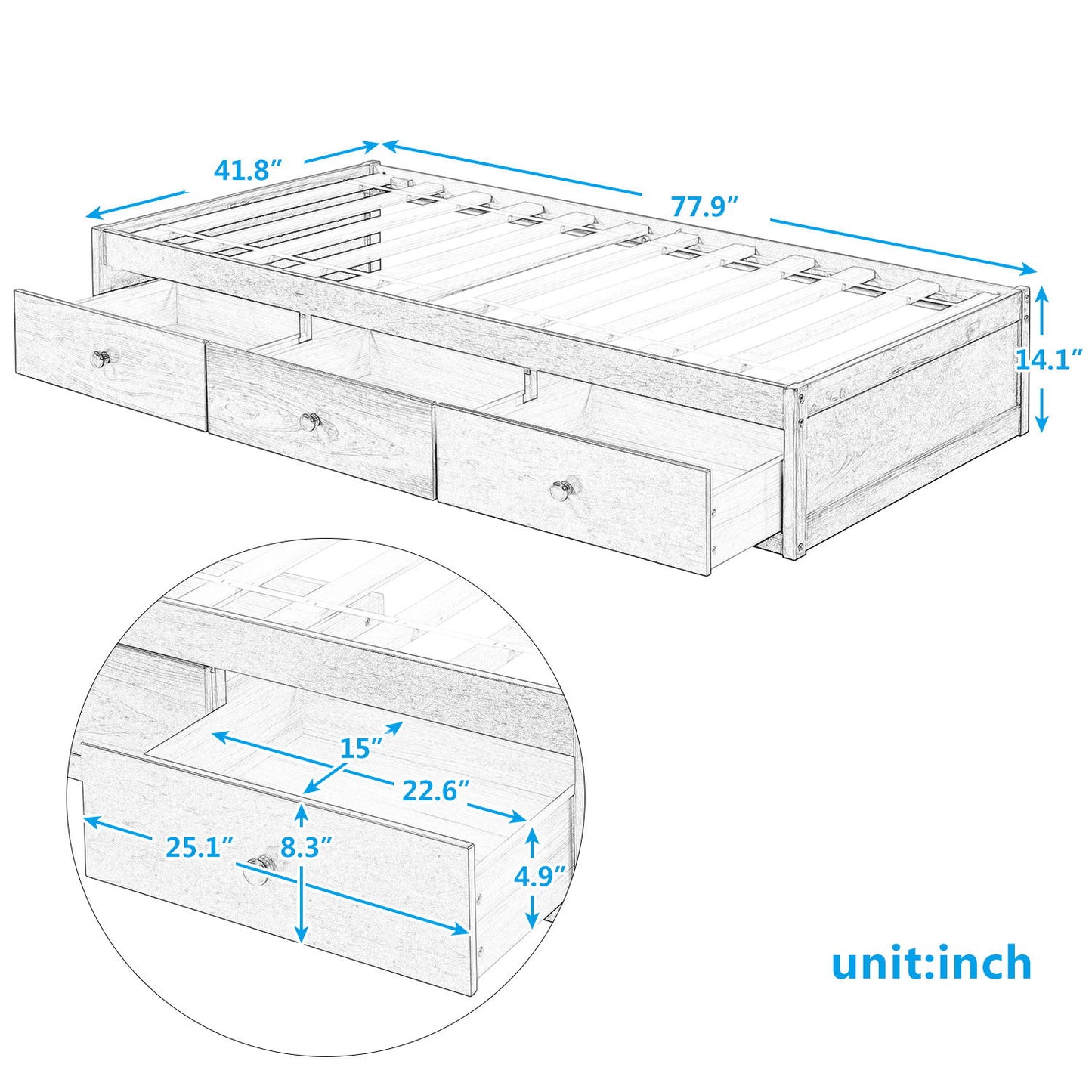 Twin Size Platform Storage Bed With 3 Drawers - White