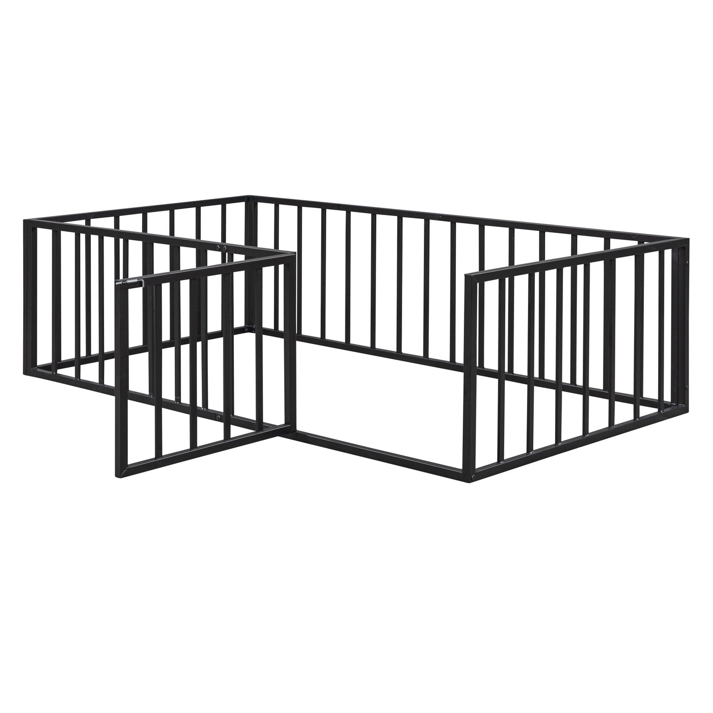 Metal Floor Bed Frame With Fence And Door - Black