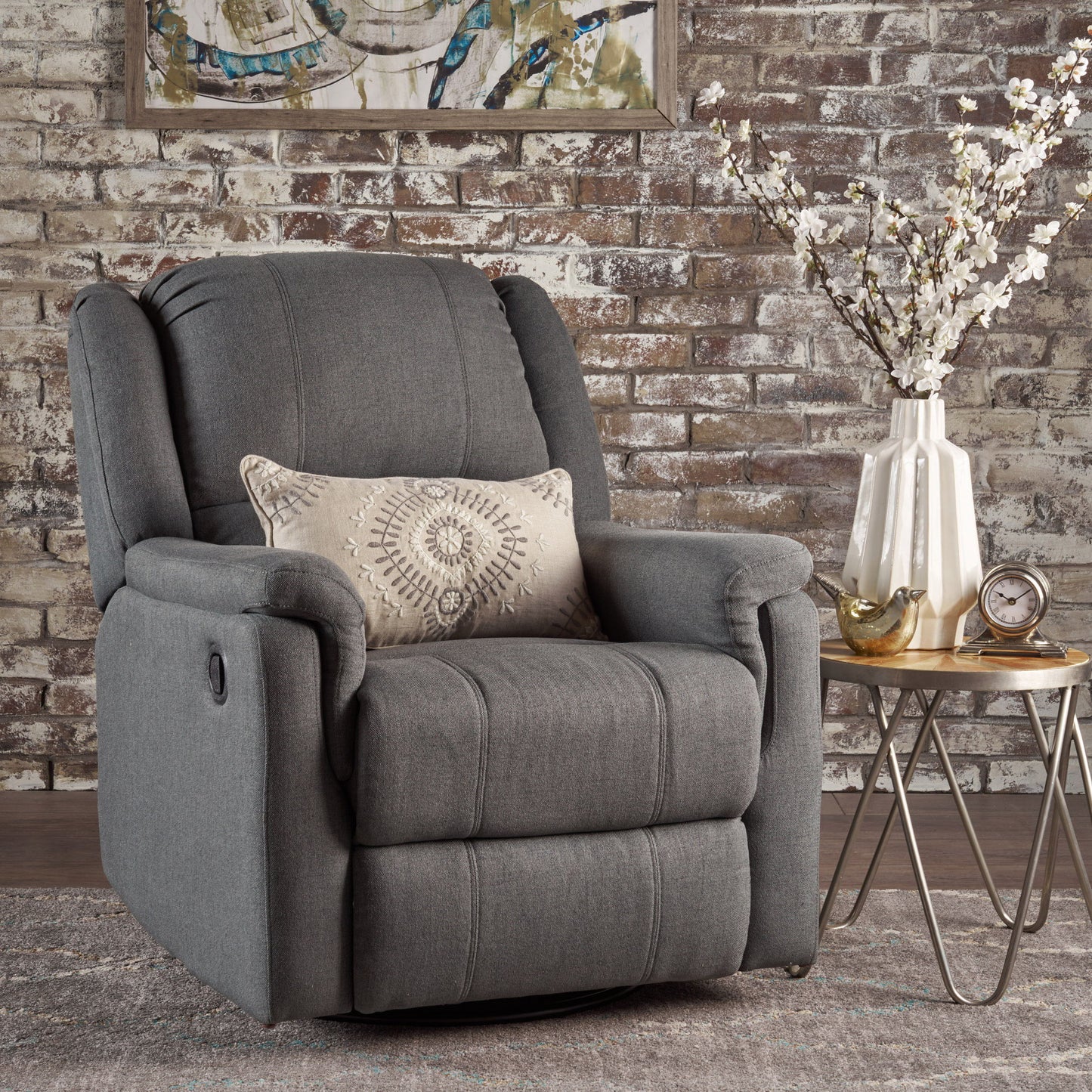 Fabric Glider Recliner With Swivel, Manual Reclining Chair - Charcoal