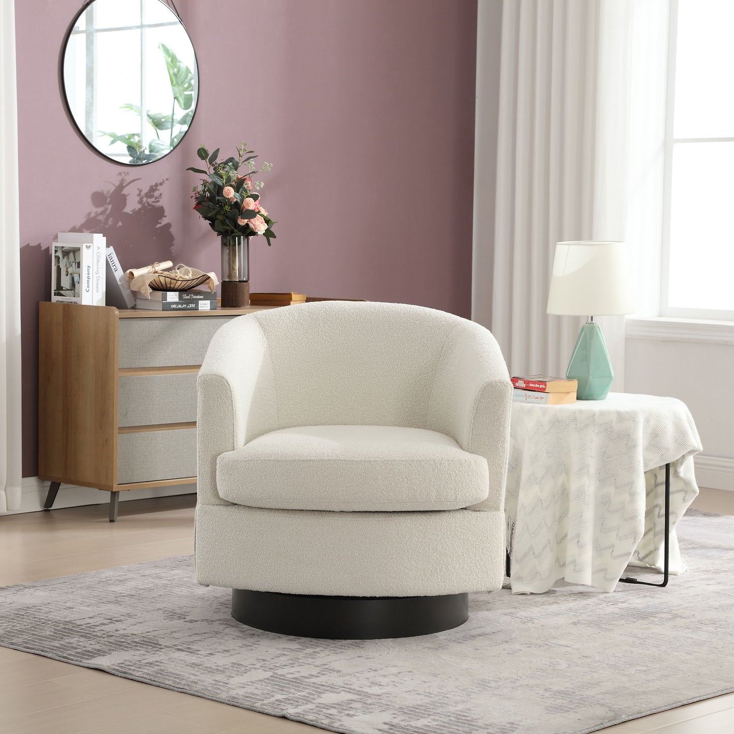 Boucle Upholstered Swivel Cuddle Accent Round Barrel Chair Modern Single Sofa, 360 Degree Circle Club Armchair For Nursery Bedroom Living Room Coffe Bar Lounge Hotel