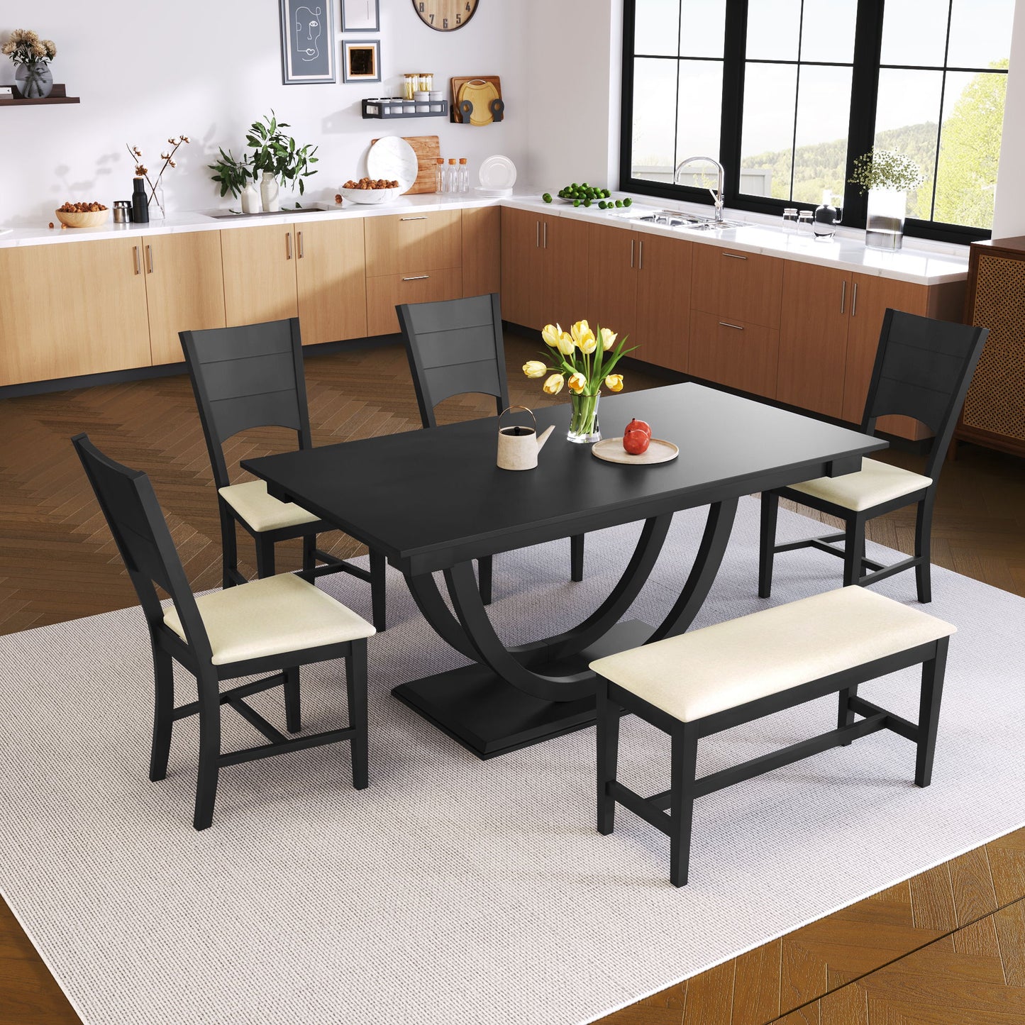 Topmax - 6 Piece Wood Half Round Dining Table Set Kitchen Table Set With Long Bench And 4 Dining Chairs, Modern Style