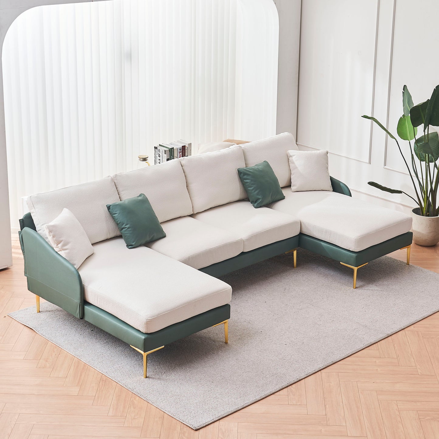 Modern Large Area Linen+Leathaire Fabric Color Matching Segmented Sofa, Ultra Wide Lounge Chair