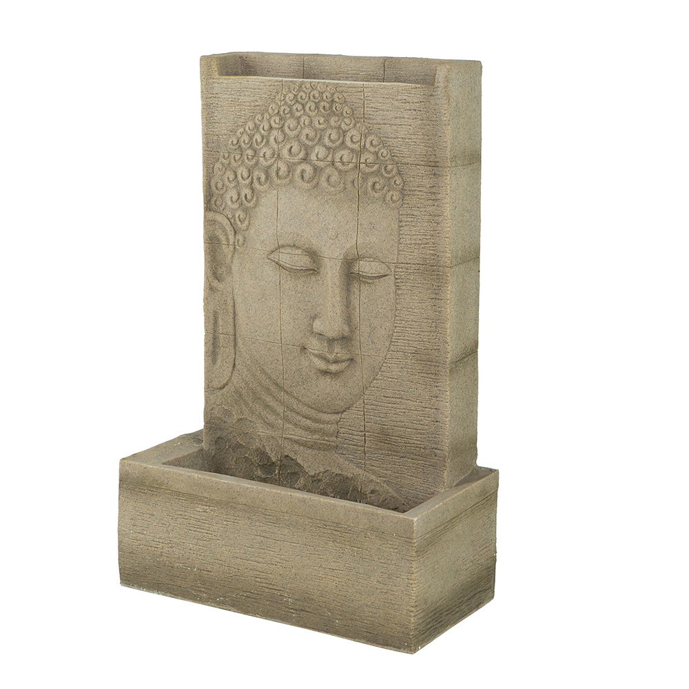 High Sandstone Buddha Fountain, Indoor Outdoor Water Fountain With Light - Beige