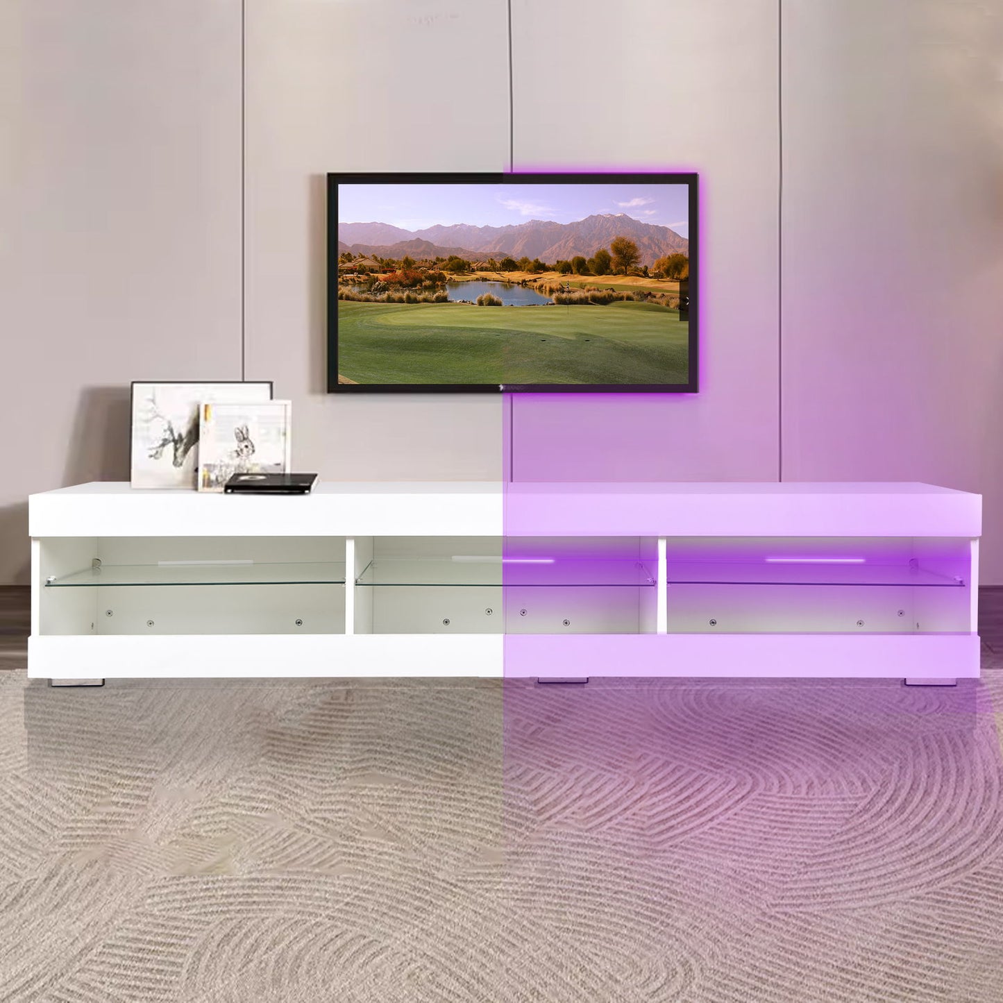 Modern LED TV Stand, Entertainment Center With Storage And Glass Shelves, TV Cabinet Table For Living Room - White