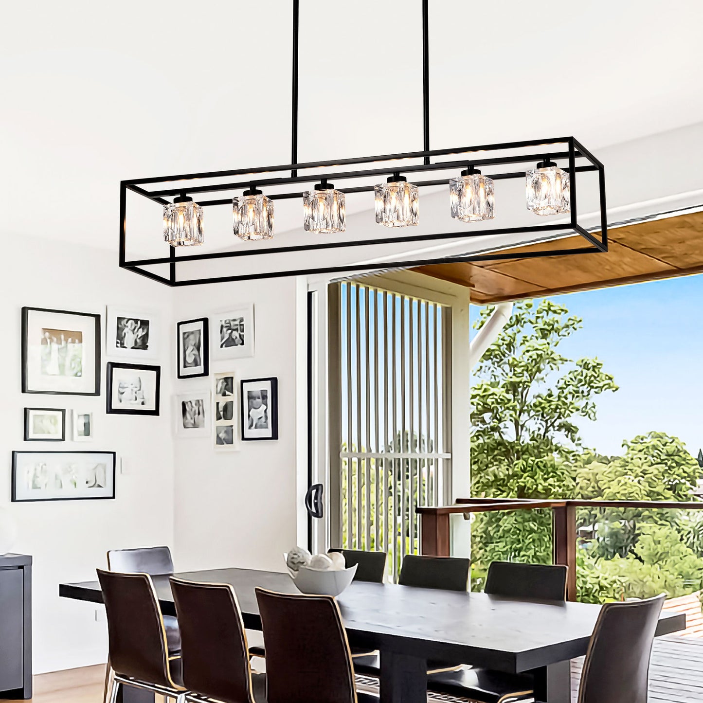 6 Light Farmhouse Chandelier, Modern Industrial Linear Rectangular Crystal Pendant Light Cage Chandelier For Dining Room, Kitchen Island, Bar, Long Table, G9*6 Bulbs Included - Matte Black