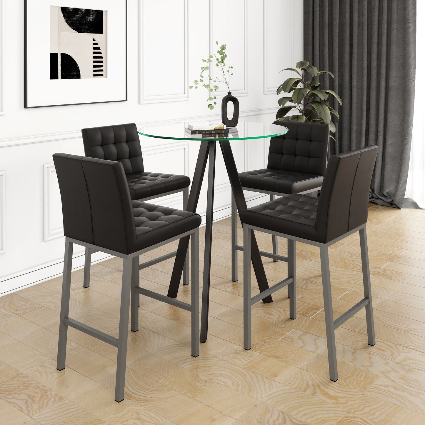 Stylish PU Fabric Design, Electroplated Metal Legs, Round Tempered Glass Table Top, Bar Chair Cover, Suitable For Bars, Restaurants, Bedroom Bar Chairs