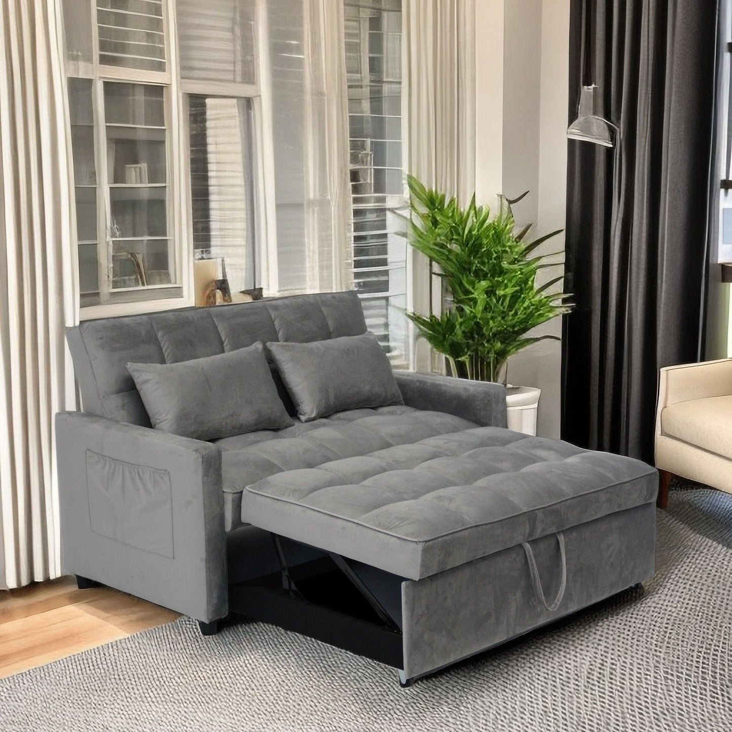 3 In 1 Convertible Sleeper Sofa Bed, Modern Fabric Loveseat Futon Sofa Couch With Pullout Bed, Small Love Seat Lounge Sofa With Reclining Backrest, Furniture For Living Room - Gray