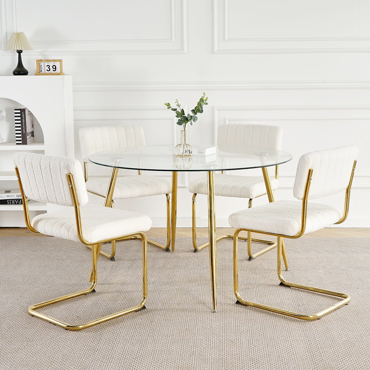 5 Piece Dining Room Set (Table With A Glass Round Table And Four Chairs, Transparent Tempered Glass Table Top, Gold-Plated Table Legs, Bow Chair Legs) - Gold / White