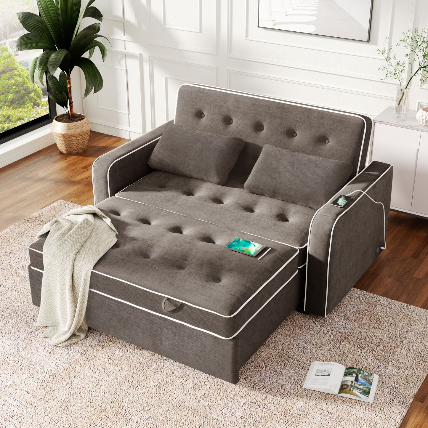 Upholstered Sleeper Bed, Pull Out Sofa Bed Couch Attached Two Throw Pillows, Dual USB Charging Port And Adjustable Backrest