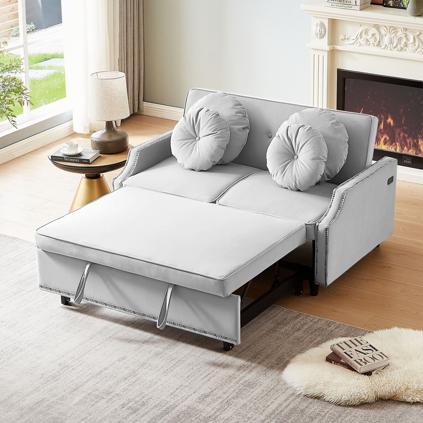 Multiple Adjustable Positions Sofa Bed Stylish Sofa Bed With A Button Tufted Backrest, Two USB Ports And Four Floral Lumbar Pillows For Living Room, Bedroom, Or Small Space