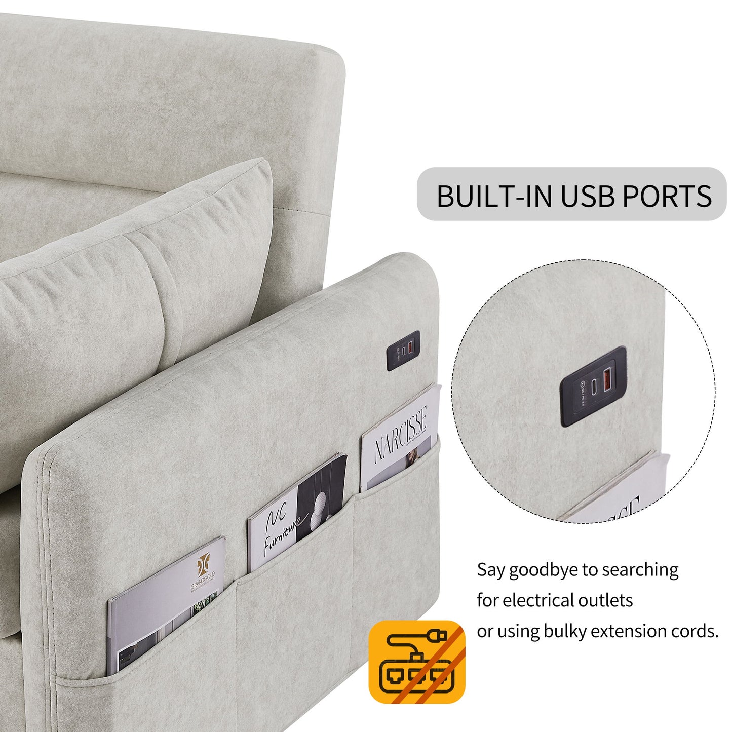 Pull Out Sleep Sofa Bed Loveseats Sofa Couch With Adjsutable Backrest, Storage Pockets, 2 Soft Pillows, USB Ports For Living Room