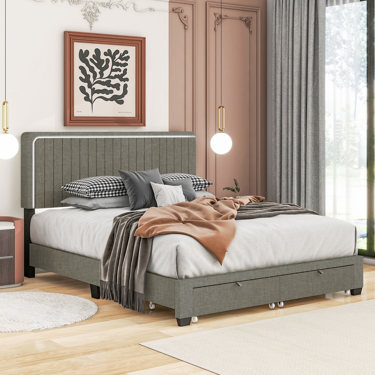 Upholstered Bed With Adjustable Height / Mattress / LED Design With Footboard Drawers Storage / No Box Spring Required