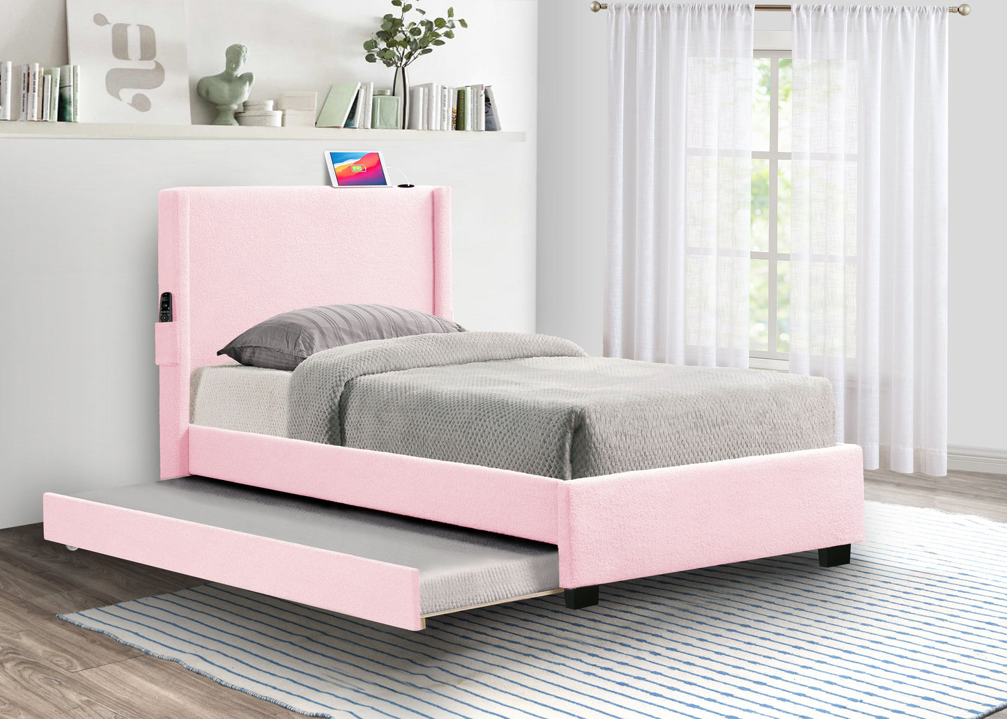 Twin Size Upholstered Bed Frame With Trundle Bed, Teddy Fabric, USB Functionality, And A Pocket Design On The Side Of The Headboard For Storing Small Items - Baby Pink